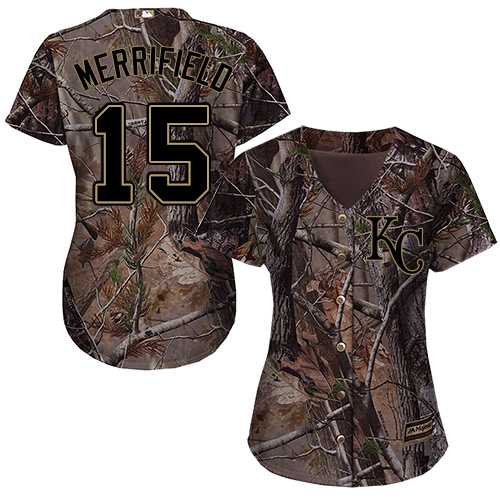 Women's Kansas City Royals #15 Whit Merrifield Camo Realtree Collection Cool Base Women's Stitched MLB Jersey