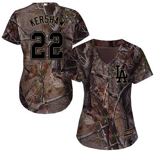 Women's Los Angeles Dodgers #22 Clayton Kershaw Camo Realtree Collection Cool Base Stitched MLB