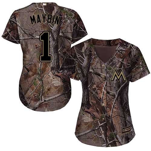 Women's Miami Marlins #1 Cameron Maybin Camo Realtree Collection Cool Base Stitched MLB Jersey