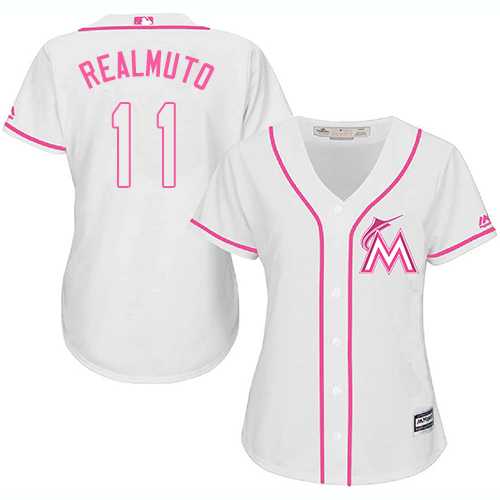 Women's Miami Marlins #11 JT Realmuto White Pink Fashion Stitched MLB Jersey Women's Miami Marlins #11 JT Realmuto White Pink Fashion Stitched MLB Jersey