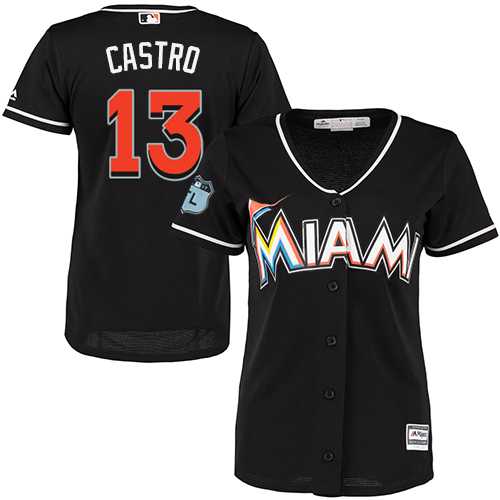 Women's Miami Marlins #13 Starlin Castro Black Alternate Stitched MLB