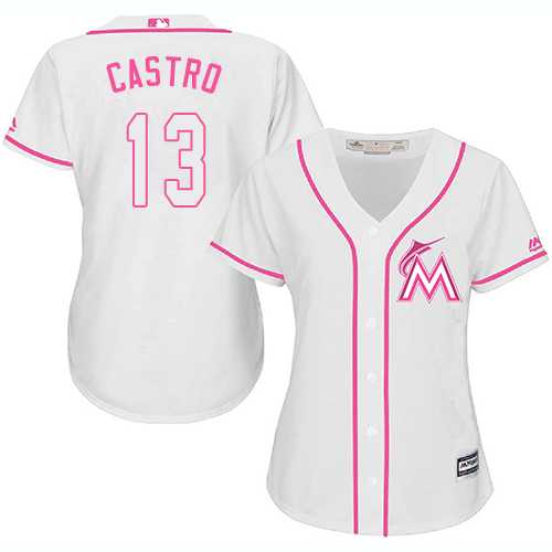 Women's Miami Marlins #13 Starlin Castro White Pink Fashion Stitched MLB