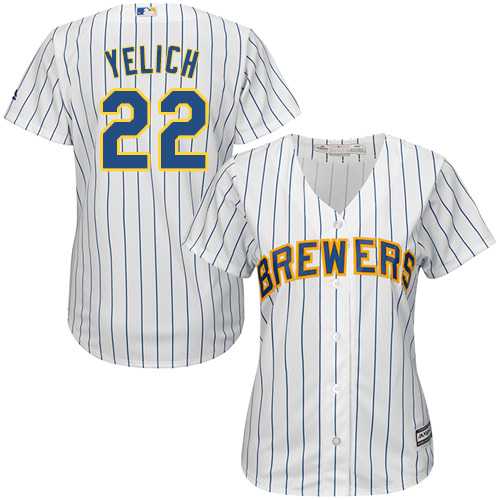 Women's Milwaukee Brewers #22 Christian Yelich White Strip Home Stitched MLB Women's Milwaukee Brewers #22 Christian Yelich White Strip Home Stitched MLB