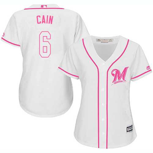Women's Milwaukee Brewers #6 Lorenzo Cain White Pink Fashion Stitched MLB