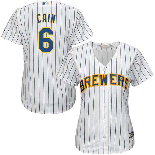 Women's Milwaukee Brewers #6 Lorenzo Cain White Strip Home Stitched MLB