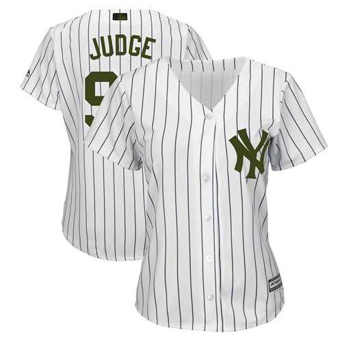 Women's New York Yankees #99 Aaron Judge White Strip 2018 Memorial Day Cool Base Stitched MLB Jersey