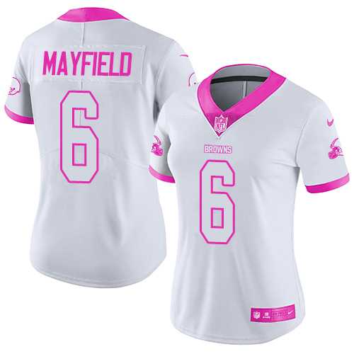 Women's Nike Cleveland Browns #6 Baker Mayfield White Pink Stitched NFL Limited Rush Fashion Jersey