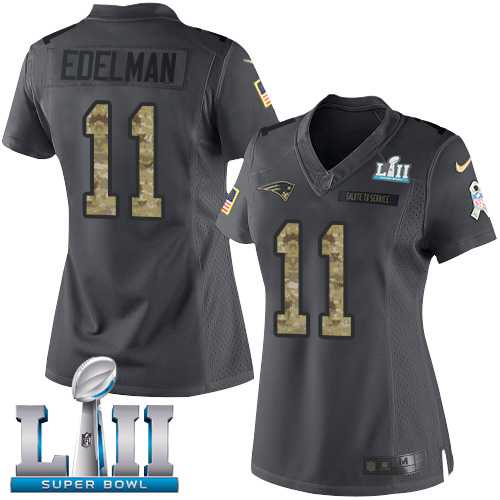 Women's Nike New England Patriots #11 Julian Edelman Black Super Bowl LII Stitched NFL Limited 2016 Salute to Service Jersey