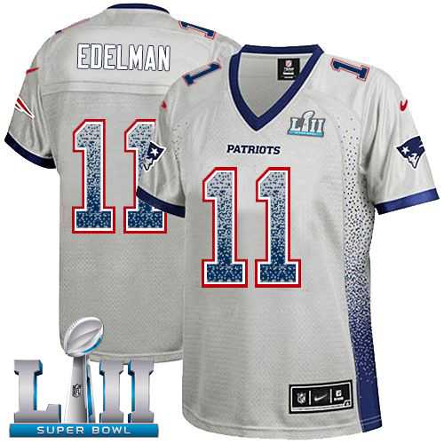 Women's Nike New England Patriots #11 Julian Edelman Grey Super Bowl LII Stitched NFL Elite Drift Fashion Jersey