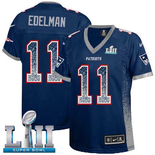 Women's Nike New England Patriots #11 Julian Edelman Navy Blue Team Color Super Bowl LII Stitched NFL Elite Drift Fashion Jersey