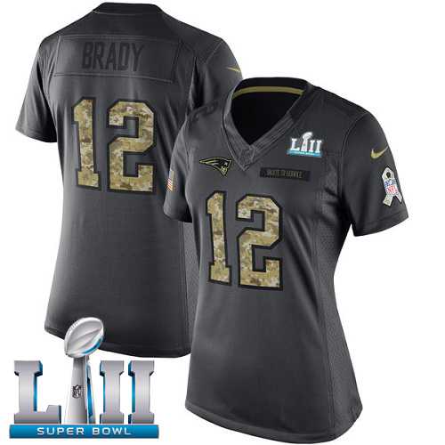 Women's Nike New England Patriots #12 Tom Brady Black Super Bowl LII Stitched NFL Limited 2016 Salute to Service Jersey