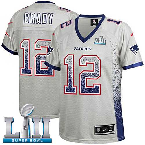 Women's Nike New England Patriots #12 Tom Brady Grey Super Bowl LII Stitched NFL Elite Drift Fashion Jersey
