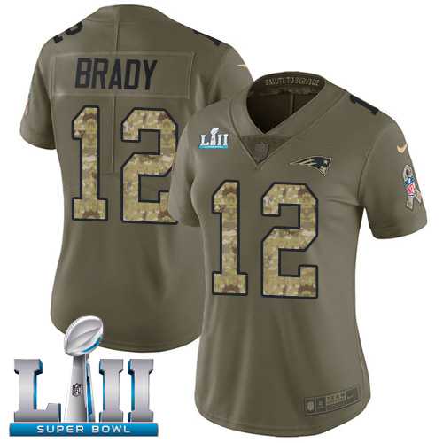 Women's Nike New England Patriots #12 Tom Brady Olive Camo Super Bowl LII Stitched NFL Limited 2017 Salute to Service Jersey