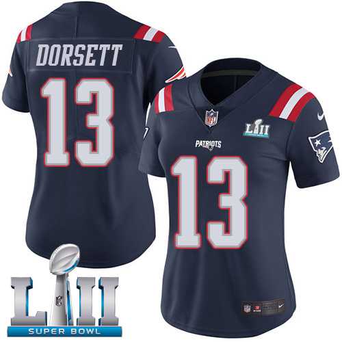 Women's Nike New England Patriots #13 Phillip Dorsett Navy Blue Super Bowl LII Stitched NFL Limited Rush Jersey