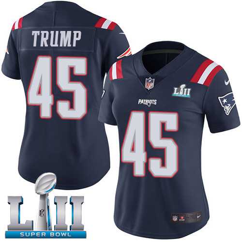 Women's Nike New England Patriots #45 Donald Trump Navy Blue Super Bowl LII Stitched NFL Limited Rush Jersey