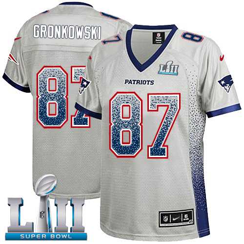 Women's Nike New England Patriots #87 Rob Gronkowski Grey Super Bowl LII Stitched NFL Elite Drift Fashion Jersey