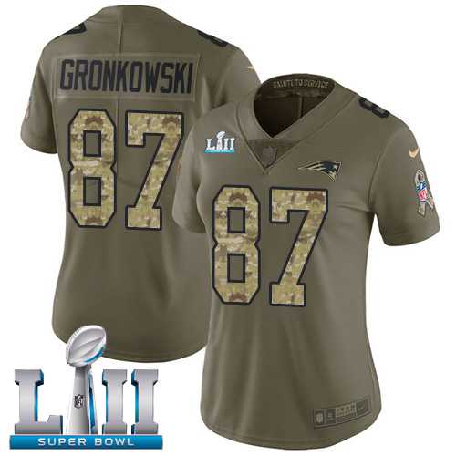 Women's Nike New England Patriots #87 Rob Gronkowski Olive Camo Super Bowl LII Stitched NFL Limited 2017 Salute to Service Jersey