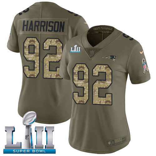 Women's Nike New England Patriots #92 James Harrison Olive Camo Super Bowl LII Stitched NFL Limited 2017 Salute to Service Jersey