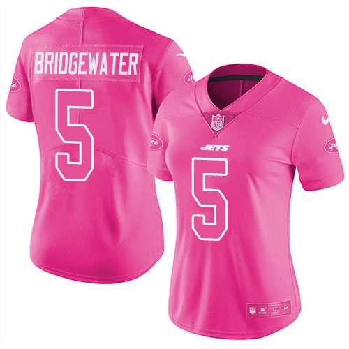 Women's Nike New York Jets #5 Teddy Bridgewater Pink Stitched NFL Limited Rush Fashion Jersey