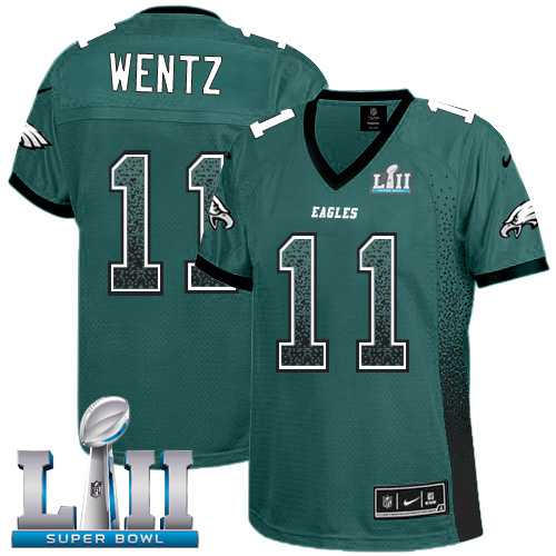 Women's Nike Philadelphia Eagles #11 Carson Wentz Midnight Green Team Color Super Bowl LII Stitched NFL Elite Drift Fashion Jersey