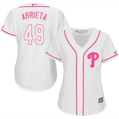 Women's Philadelphia Phillies #49 Jake Arrieta White Pink Fashion Stitched MLB