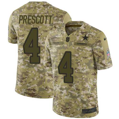Youth Nike Dallas Cowboys #4 Dak Prescott Camo Stitched NFL Limited 2018 Salute to Service Jersey