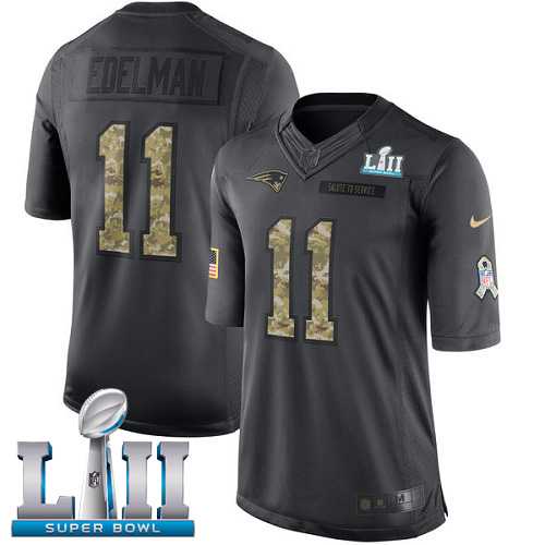 Youth Nike New England Patriots #11 Julian Edelman Black Super Bowl LII Stitched NFL Limited 2016 Salute to Service Jersey