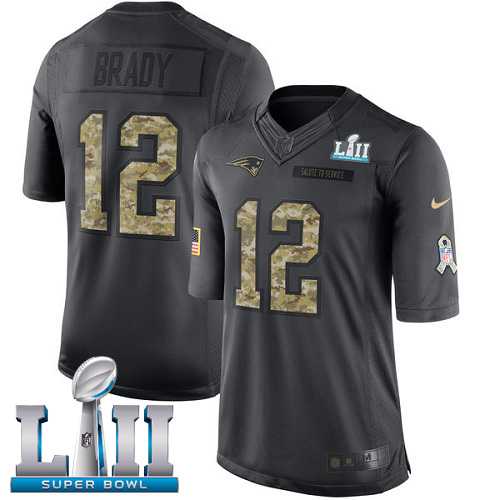 Youth Nike New England Patriots #12 Tom Brady Black Super Bowl LII Stitched NFL Limited 2016 Salute to Service Jersey