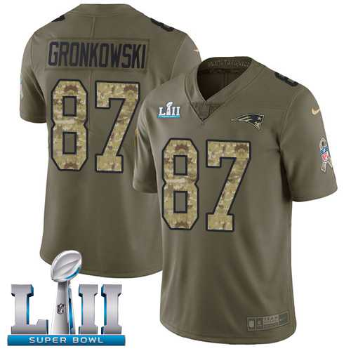 Youth Nike New England Patriots #87 Rob Gronkowski Olive Camo Super Bowl LII Stitched NFL Limited 2017 Salute to Service Jersey