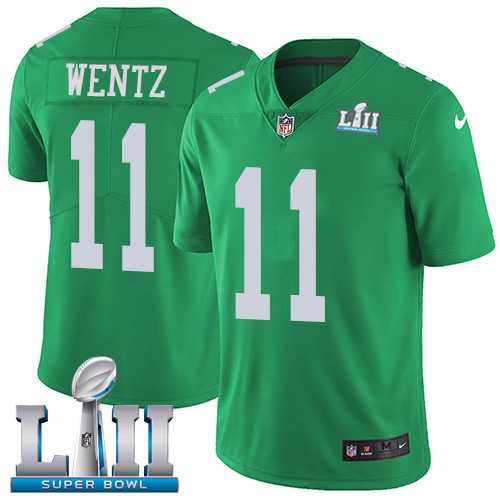 Youth Nike Philadelphia Eagles #11 Carson Wentz Green Super Bowl LII Stitched NFL Limited Rush Jersey