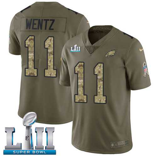 Youth Nike Philadelphia Eagles #11 Carson Wentz Olive Camo Super Bowl LII Stitched NFL Limited 2017 Salute to Service Jersey