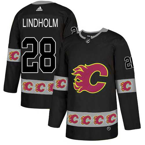 Men's Adidas Calgary Flames #28 Elias Lindholm Black Authentic Team Logo Fashion Stitched NHL Jersey