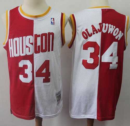 Men's Nike Houston Rockets #34 Hakeem Olajuwon Split Fashion Red White Stitched Basketball Jersey