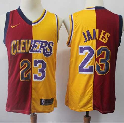 Men's Nike Los Angeles Lakers #23 LeBron James Red Gold NBA Swingman Split Cavaliers Jersey