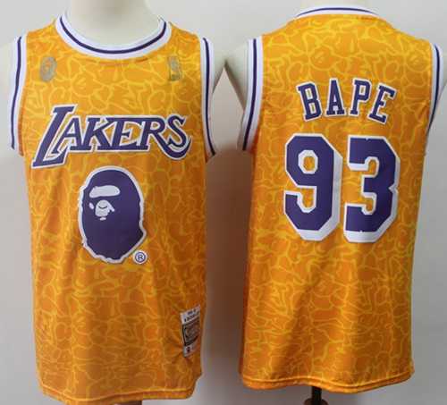 Mitchell And Ness 1996-97 A Bathing Ape Men's Nike Los Angeles Lakers #93 Bape Gold Stitched NBA