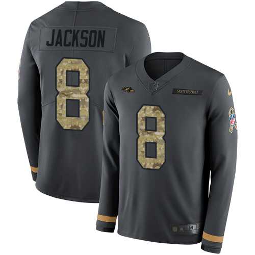 Nike Baltimore Ravens #8 Lamar Jackson Anthracite Salute to Service Men's Stitched NFL Limited Therma Long Sleeve Jersey