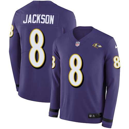 Nike Baltimore Ravens #8 Lamar Jackson Purple Team Color Men's Stitched NFL Limited Therma Long Sleeve Jersey