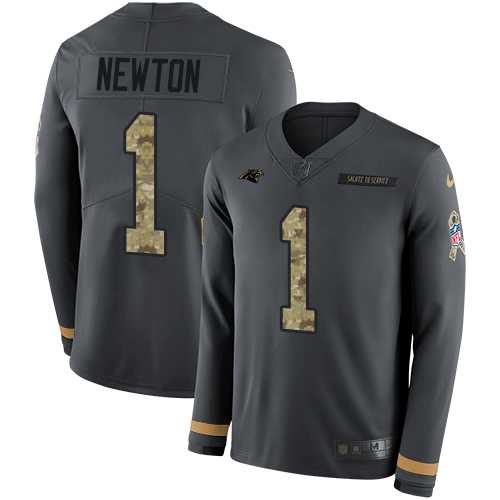 Nike Carolina Panthers #1 Cam Newton Anthracite Salute to Service Men's Stitched NFL Limited Therma Long Sleeve Jersey