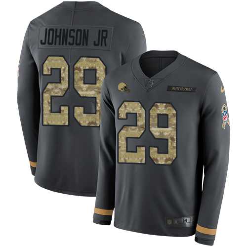 Nike Cleveland Browns #29 Duke Johnson Jr Anthracite Salute to Service Men's Stitched NFL Limited Therma Long Sleeve Jersey