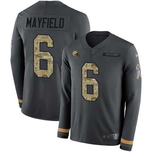 Nike Cleveland Browns #6 Baker Mayfield Anthracite Salute to Service Men's Stitched NFL Limited Therma Long Sleeve Jersey