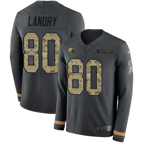 Nike Cleveland Browns #80 Jarvis Landry Anthracite Salute to Service Men's Stitched NFL Limited Therma Long Sleeve Jersey