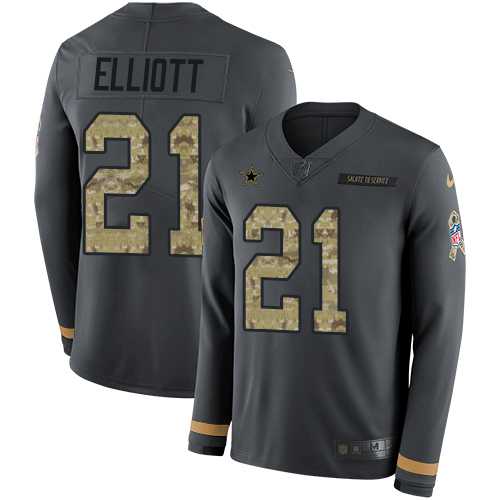 Nike Dallas Cowboys #21 Ezekiel Elliott Anthracite Salute to Service Men's Stitched NFL Limited Therma Long Sleeve Jersey