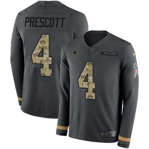 Nike Dallas Cowboys #4 Dak Prescott Anthracite Salute to Service Men's Stitched NFL Limited Therma Long Sleeve Jersey