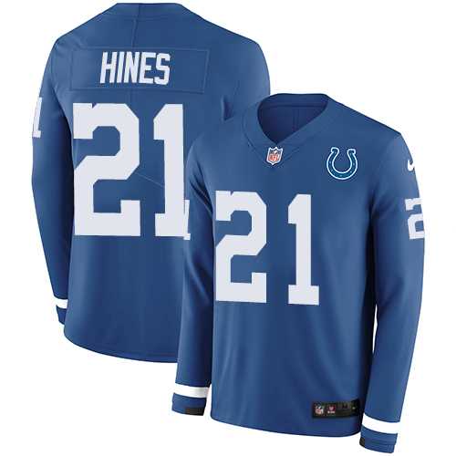 Nike Indianapolis Colts #21 Nyheim Hines Royal Blue Team Color Men's Stitched NFL Limited Therma Long Sleeve Jersey