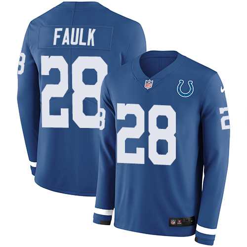 Nike Indianapolis Colts #28 Marshall Faulk Royal Blue Team Color Men's Stitched NFL Limited Therma Long Sleeve Jersey