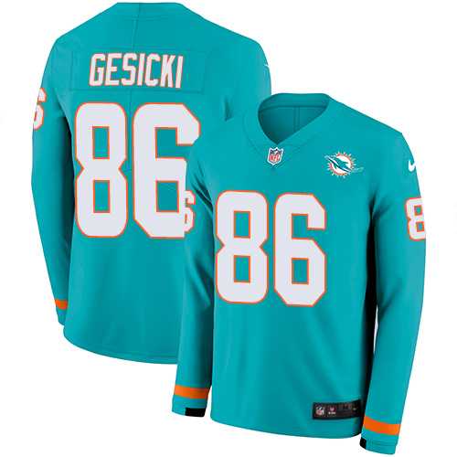 Nike Miami Dolphins #86 Mike Gesicki Aqua Green Team Color Men's Stitched NFL Limited Therma Long Sleeve Jersey