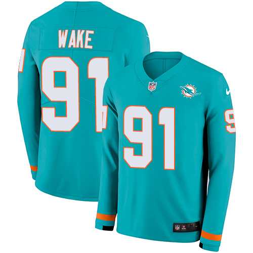 Nike Miami Dolphins #91 Cameron Wake Aqua Green Team Color Men's Stitched NFL Limited Therma Long Sleeve Jersey