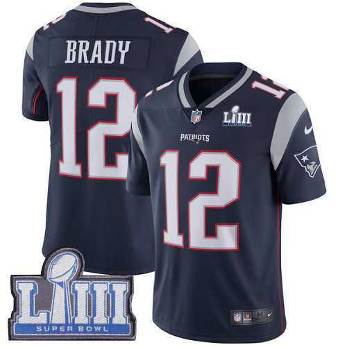 Nike New England Patriots #12 Tom Brady Navy Blue Team Color Super Bowl LIII Bound Men's Stitched NFL Vapor Untouchable Limited Jersey