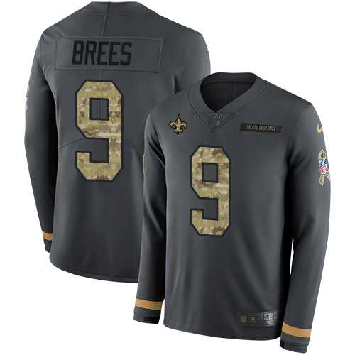 Nike New Orleans Saints #9 Drew Brees Anthracite Salute to Service Men's Stitched NFL Limited Therma Long Sleeve Jersey