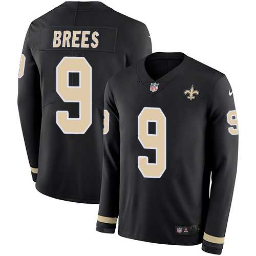 Nike New Orleans Saints #9 Drew Brees Black Team Color Men's Stitched NFL Limited Therma Long Sleeve Jersey